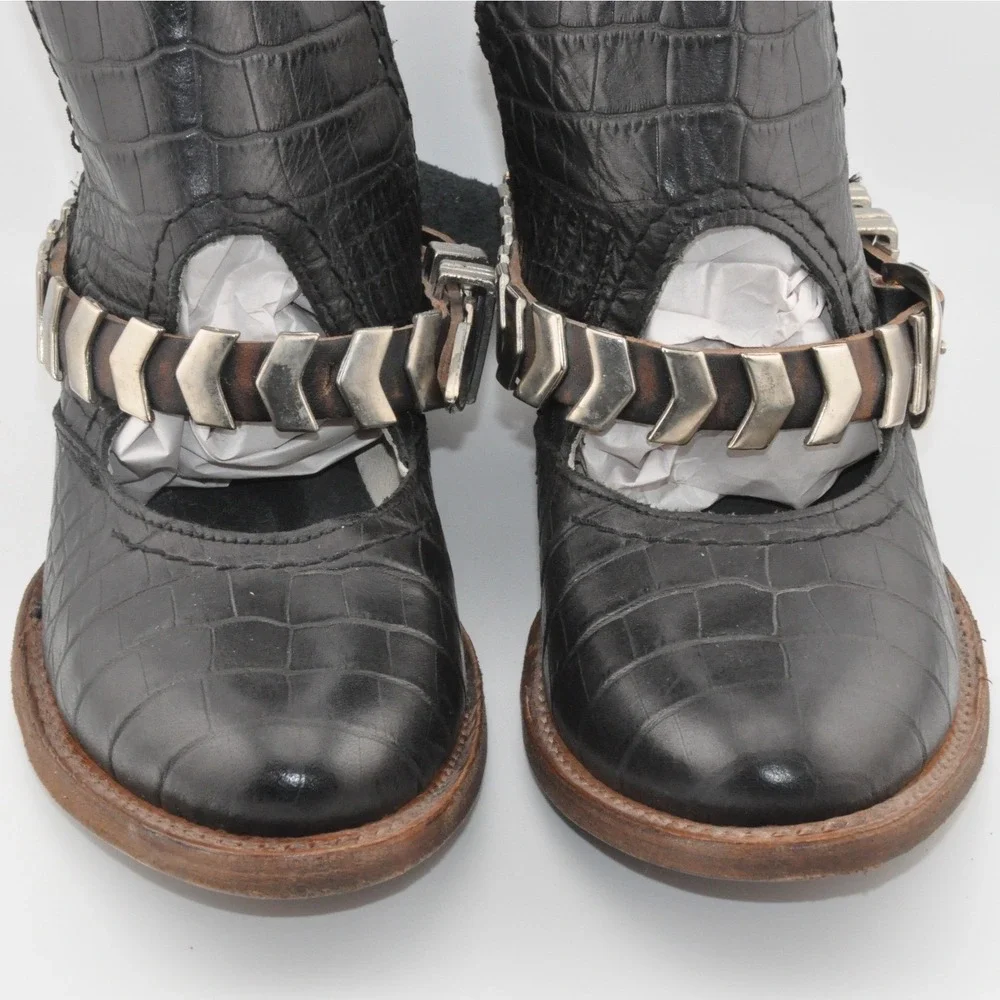 Freebird‎ Blade Booties 6 Black Excellent Croc Embossed Leather Cutout Harness